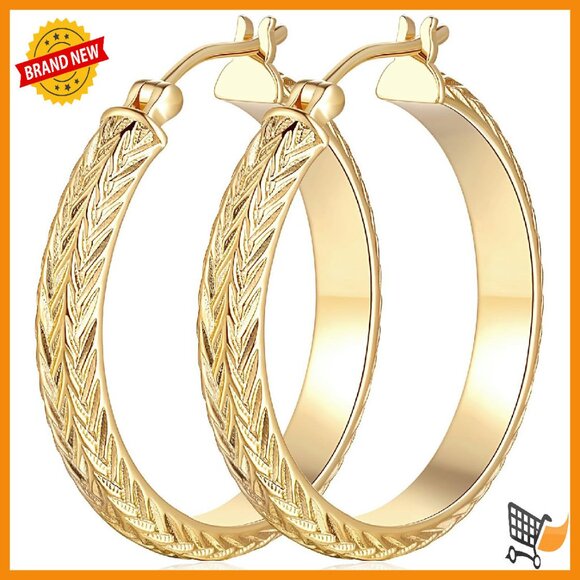 14k Gold Chunky Hoop Earrings with V-Shaped Engraving 25mm/30mm